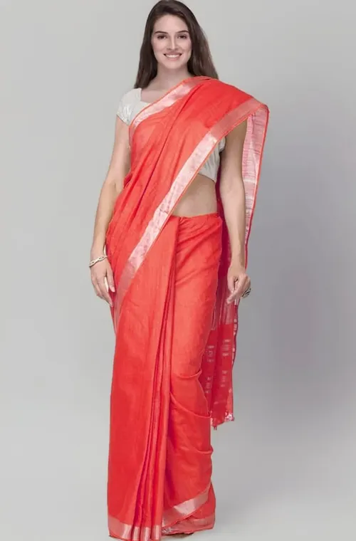 Lightweight Coral Red Linen Saree - Perfect for Casual & Office Wear